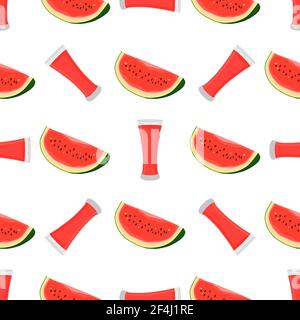 Illustration on theme colored lemonade in watermelon cup for natural drink. Lemonade pattern consisting of kitchen accessory, watermelon cup to organi Stock Vector