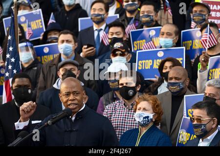 Brooklyn, New York, USA. 21 March 2021 Brooklyn Borough President Eric Adams leads a rally against violence and discrimination after recent attacks against Asian-Americans in New York City and across the U.S.  Adams is running for mayor of New York City this year. Credit: Joseph Reid/Alamy Live News Stock Photo