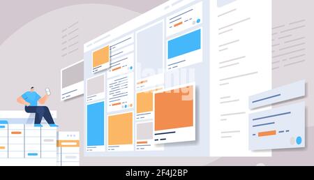 man developer using smartphone creating mobile app ui interface web application development Stock Vector