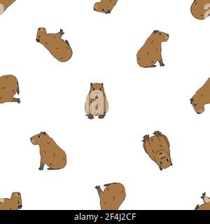 Seamless pattern of Vector cute cartoon outline Capybara smiles, sits, lying on the ground, dreaming, active. Doodle isolated illustration of animals Stock Vector