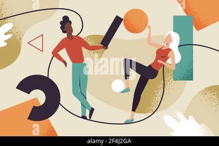 People teamwork organization vector illustration. Cartoon man woman characters team working together, collecting organizing abstract colorful Stock Vector