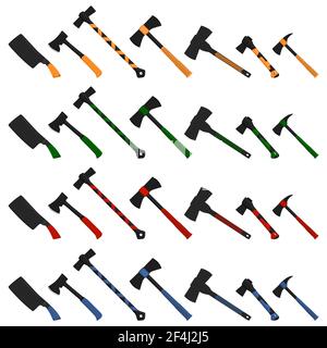 Illustration on theme big kit steel axes with wooden handle, metal ax for hunting. Pattern ax consisting of many different axes on white background. F Stock Vector