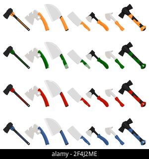 Illustration on theme big kit steel axes with wooden handle, metal ax for hunting. Pattern ax consisting of many different axes on white background. F Stock Vector