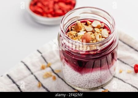 Breakfast chia pudding served in a jar Stock Photo
