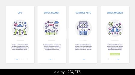 Video digital game, space line mission UI, UX onboarding mobile app page screen set Stock Vector