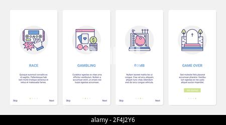 Video games, car race, gambling game over UI, UX onboarding mobile app page screen set Stock Vector