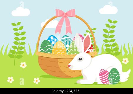 Wicker basket with Easter colorful eggs and white rabbit in the grass on a sunny spring day. Flat style design vector illustration Stock Vector