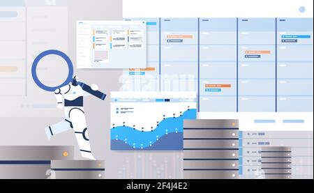 robot with magnifying glass analyzing statistics graphs and charts financial data analyzing artificial intelligence Stock Vector