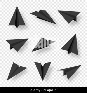 Realistic black handmade paper planes isolated on transparent background. Origami aircraft in flat style. Vector illustration. Stock Vector