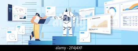 robot with businesswoman analyzing statistics graphs financial data analyzing artificial intelligence technology Stock Vector