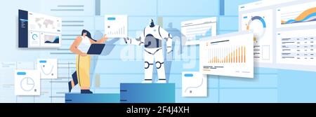 robot with businesswoman analyzing statistics graphs financial data analyzing artificial intelligence technology Stock Vector