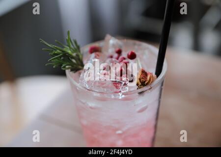 Strawberry juice cocktail with soda on wood background Stock Photo