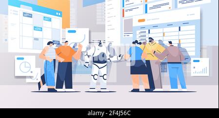 robot with businesspeople analyzing statistics graphs and charts financial data analyzing artificial intelligence Stock Vector