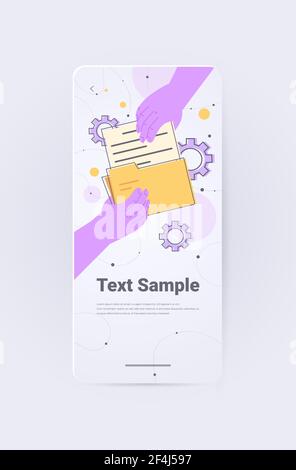 businesspeople hands holding document papers folder share information data concept vertical Stock Vector