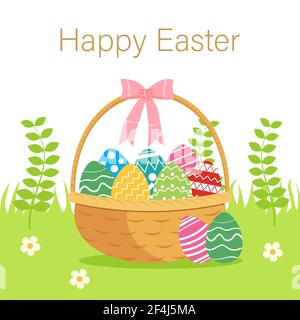 Retro wicker basket with colorful eggs on a meadow in the grass and copy space with text happy Easter. Flat style design vector illustration Stock Vector