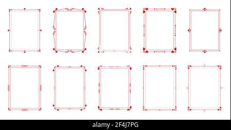 Red filigree decorative calligraphic frames set. Elegant calligraph vintage text border with hearts or floral ornaments template great for decor wedding card, certificate. Isolated vector illustration Stock Vector