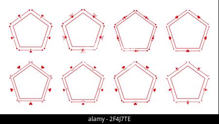 Ornate pentagon with thin line border set. Graphic polygonal frame with heart on Valentines day. Elegant ornamental decorative frames for decor invitation card, label, tag Isolated vector illustration Stock Vector