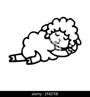 Cheerful funny ram. Sleeping. Lamb outline hand drawing. Isolated on white background. Illustration vector Stock Vector