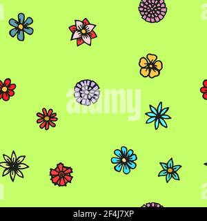 Flowers. Seamless illustration. Cartoon style sketch of meadow. Hand outline drawing plants. vector Stock Vector