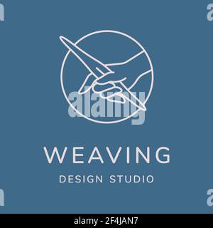 Weaving vector logo design. Line art minimal illustration. Hand with weaving shuttle. Stock Vector