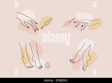 Female hands and feet. Manicure and pedicure concept. Vector Illustration in trendy outline style. Design element for web icons, nail art studio or Stock Vector