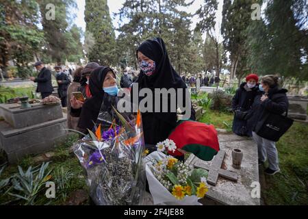 Funeral of the anti-colonialist activist Yvette Maillot, Algiers, Algeria, on March 21, 2021. Died on 20 March 2021 at the age of 94 in the Christian cemetery of Diar Essaada in El-Madania (Algiers). A native of Mostaganem in western Algeria, Yvette Maillot, known for her commitment and action for Algerian independence, belonged to a family of fervent militants and defenders of the national cause, the most famous of whom was her brother Henri Maillot, who was killed in action in 1956. Yvette Maillot was buried next to her brother Henri. Photo by Ammi Louiza/ABACAPRESS.COM Stock Photo