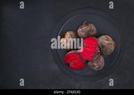 Beets for cooking. Beetroot vegetables on the table. Top view. Stock Photo