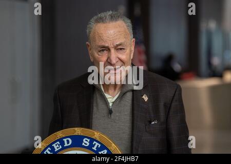 NEW YORK, NY – MARCH 21: Senate Majority Leader Chuck Schumer speaks at a press conference and warns that a 'supercharged' rollout of COVID-19 vaccines will do little to fight the pandemic if tens of millions of Americans refuse to get the shots on March 21, 2021 in New York City.  Senator Schumer called on the Centers for Disease Control (CDC) to deploy a $1 billion dollar blitz to educate, conduct outreach and build more confidence in the effective COVID-19 vaccines. Credit: Ron Adar/Alamy Live News Stock Photo