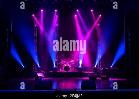 Free stage with lights background, lighting devices. Stock Photo