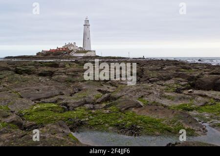 St Mary's Lighthouse stands on St Mary's Island just off the North Sea coast at Whitley Bay in North-East England. Stock Photo