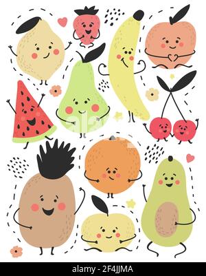 Cute Hand Drawn Doodle Fruits Set. Funny Childish Characters Collection. Lemon, peach, pineapple, pear, orange, strawberry, avocado, banana Stock Vector