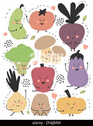 Cute Funny Vegetables Set. Healthy organic Food. Smiling Characters Collection. Stock Vector