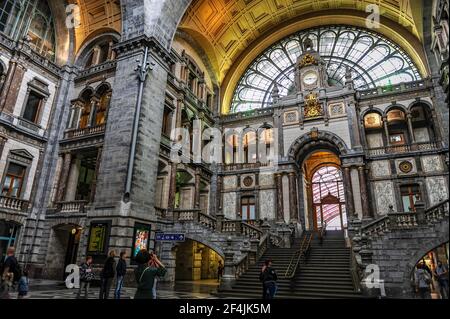 Antwerp, Belgium - July 12, 2019: Beautiful stairway of the Antwerp Central train station in Antwerp, Belgium Stock Photo