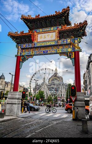 Antwerp, Belgium - July 12, 2019: Beautiful ornate Chinese gates, the entrance to the Chinatown of Antwerp in Belgium Stock Photo