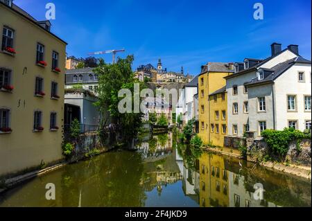 Luxembourg city, Luxembourg - July 16, 2019: Cozy old riverside houses in the old town of Luxembourg city in Luxembourg Stock Photo