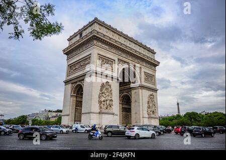 Paris, France - July 18, 2019: The famous Triumphal Arch of Paris, France