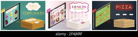 A set of online stores with delivery. Vector tablet screen with the app. Order pastries, food and fast food. Flat design with isometry. Web pages of Stock Vector