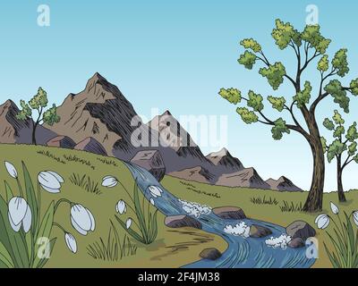 Spring graphic color landscape tree sketch illustration vector Stock Vector