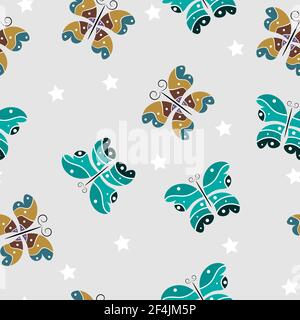 Multicolored butterflies and white stars on a gray background.  For fabric, baby clothes, background, textile, wrapping paper and other decoration. Ve Stock Vector