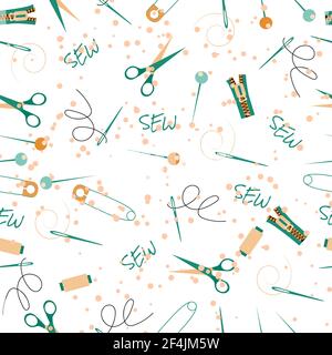 Vector seamless repeat pattern with different sewing accessories, buttons, threads in heart shapes for fabric, scrapbooking and craft projects, gift w Stock Vector