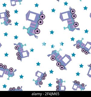Blue steam locomotive and stars on a white background. For fabric, baby clothes, background, textile, wrapping paper and other decoration. Vector seam Stock Vector