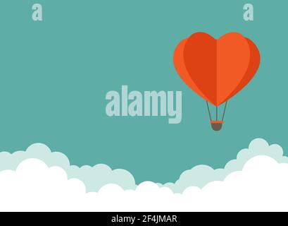 red heart air balloons flying in the blue sky with clouds. Flat cartoon horizontal background. Vector background. Love, charity, kindness, romantic ca Stock Vector