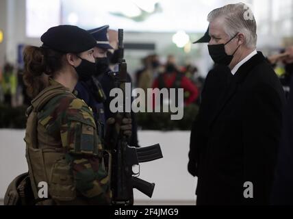 King Philippe - Filip of Belgium meets militaries and police officers in marge of a ceremony at Brussels Airport in Zaventem to commemorate the 2016 t Stock Photo