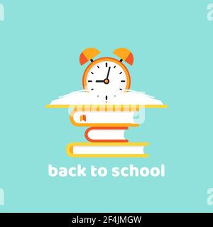 stack of turquoise books with red alarm clock on powder blue background. Back to school concept. Vector illustration. Education, learning logo. Knowle Stock Vector