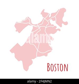 Boston, USA city map silhouette administrative division, vector map isolated on white background. boundary map with streets. High detailed illustratio Stock Vector