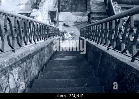 front view of empty stairs black and white Stock Photo