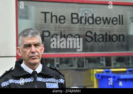 Chief Constable of Avon and Somerset Police, Andy Marsh, speaks to the media outside of Bridewell Police Station in Bristol, where protesters broke windows and vandalised the building on Sunday following a demonstration against the Government's controversial Police and Crime Bill. Picture date: Monday March 22, 2021. Stock Photo