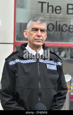 Chief Constable of Avon and Somerset Police, Andy Marsh, speaks to the media outside of Bridewell Police Station in Bristol, where protesters broke windows and vandalised the building on Sunday following a demonstration against the Government's controversial Police and Crime Bill. Picture date: Monday March 22, 2021. Stock Photo