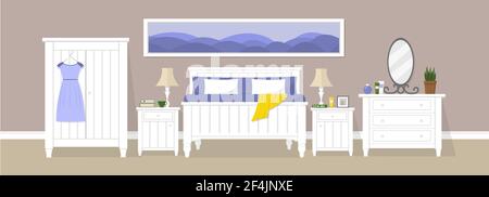 Bedroom with white furniture and complements. Stock Vector