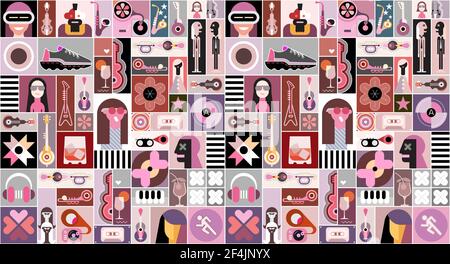 Pop art vector collage of  people avatars, different objects and abstract shapes Stock Vector